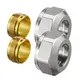 Zwei silberne Klemmringverschraubungen und zwei goldene Ringe, passend für Kupferrohre, von der Marke Oventrop, abgebildet auf weißem Hintergrund.